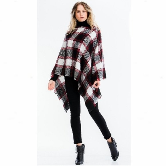 Black Chic Plaid Fringed Blanket Poncho Sweater - Picture 2 of 7